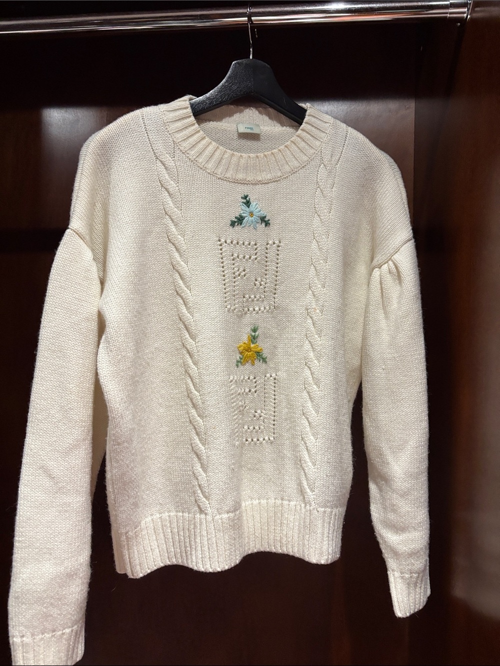 Fendi Cream Cable Knit Sweater with Blue and Yellow Floral Embroidery